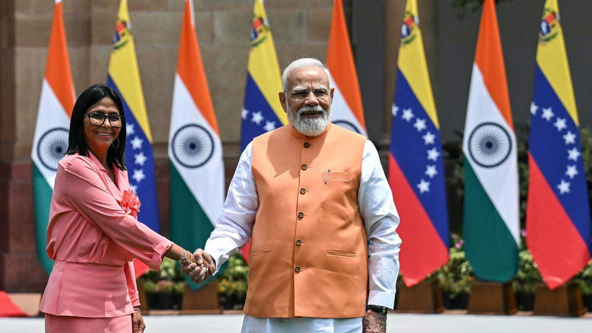 Venezuela's interim President Delcy Rodriguez (L) shakes hands with India's Prime Minister Narendra Modi before their meeting at the Hyderabad House in New Delhi on June 4, 2026. (Photo by Arun SANKAR / AFP via Getty Images)