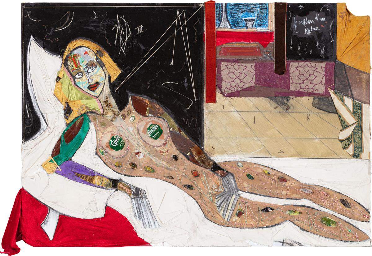 ‘La creation d’un Mythos’ (The Creation of a Mythos), 2021, medio mixto sobre madera, 47 7/16 x 67 29/32 pulgadas.