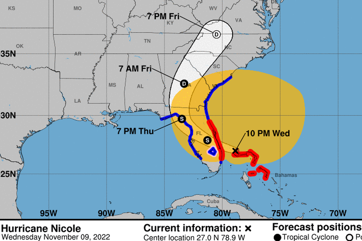La tormenta tropical Nicole se convirtió en un huracán al aumentar sus vientos máximos sostenidos a 75 mph (120 km/h) antes de lllegar a Florida.