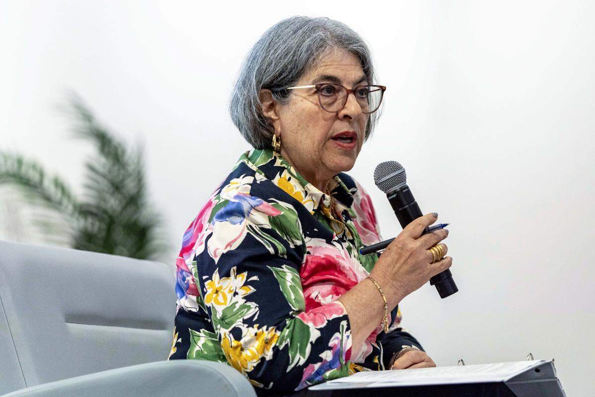 La alcaldesa Daniella Levine Cava se dirige al público durante una asamblea pública para presentar el presupuesto de 2026 en el Auditorio Ava Parks McCabe, dentro de la Biblioteca Principal de Miami-Dade, el jueves 31 de julio de 2025, en Miami, Florida. 