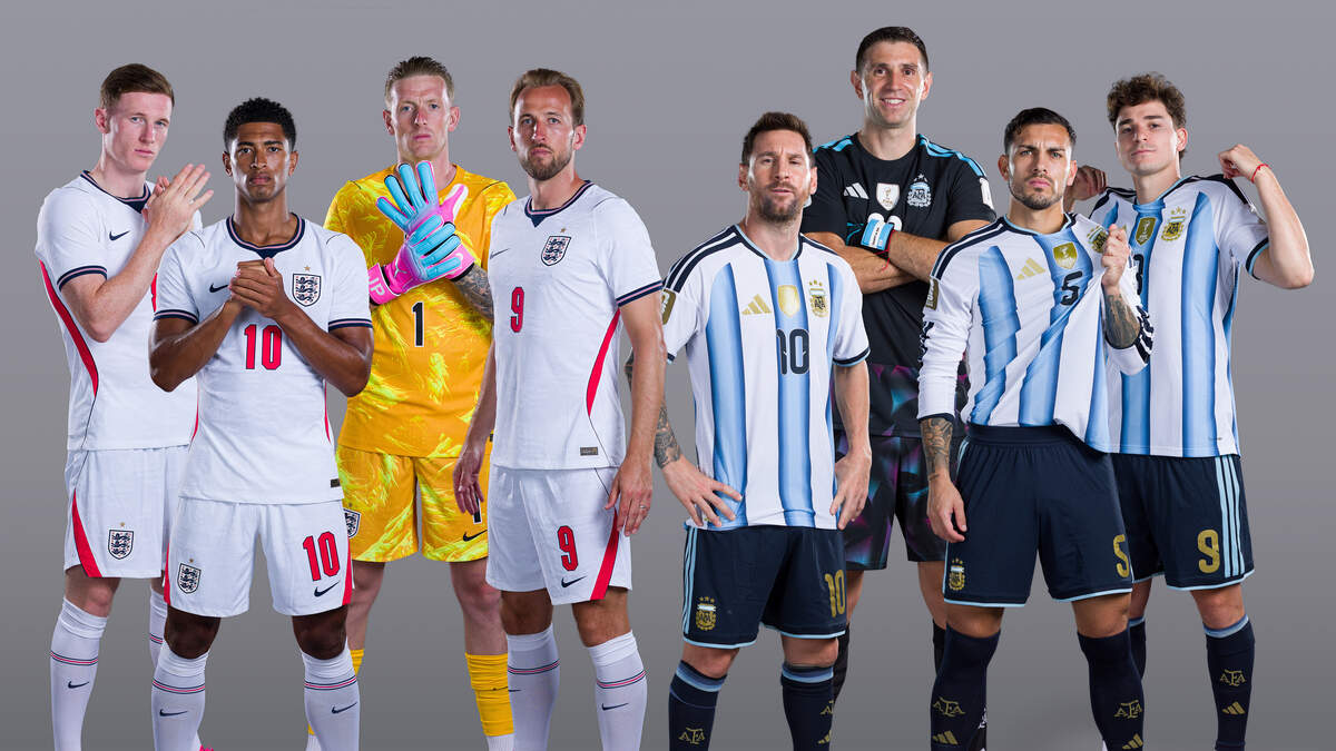 Ilustración fotográfica. Por Inglaterra figuran Elliot Anderson, Jude Bellingham, Jordan Pickford y Harry Kane (de izq. a der.) y por Argentina Lionel Messi, Emiliano Martínez, Leandro Paredes y Julián Álvarez (en el mismo orden).