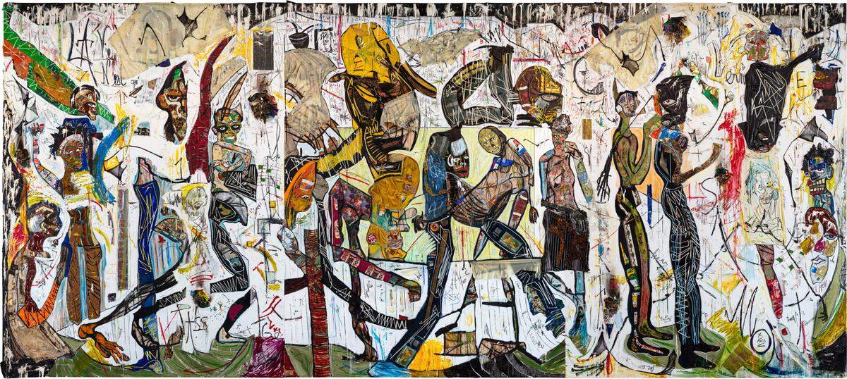 ‘L’Incroyable Traversée d’Abdoulaye Le Grand, Troisième de la Lignée’ (The Incredible Crossing of Abdoulaye the Great, Third in Line to the Throne), 2022, tríptico, medio mixto sobre madera, cada panel mide 144 x 108 x 5 pulgadas.