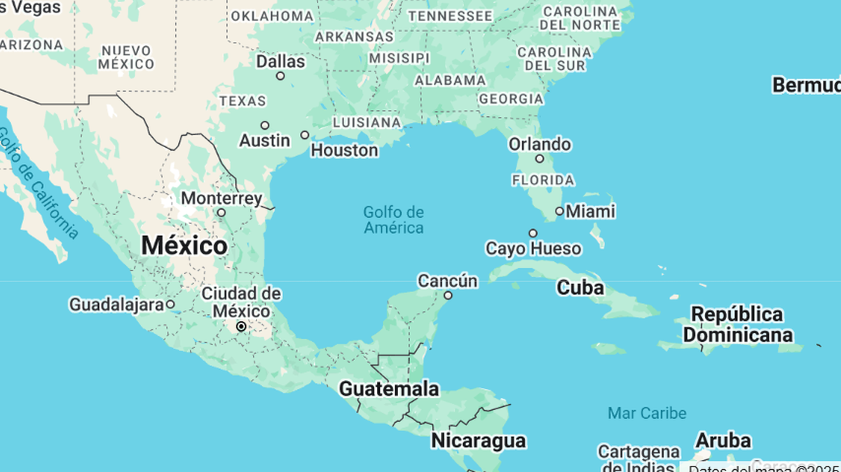 Imagen tomada de Google Maps que muestra al ‘Golfo de América’, como recientemente lo renombró el presidente Donald Trump, y no Golfo de México, el nombre como ha sido conocido este cuerpo de agua por más de 400 años.