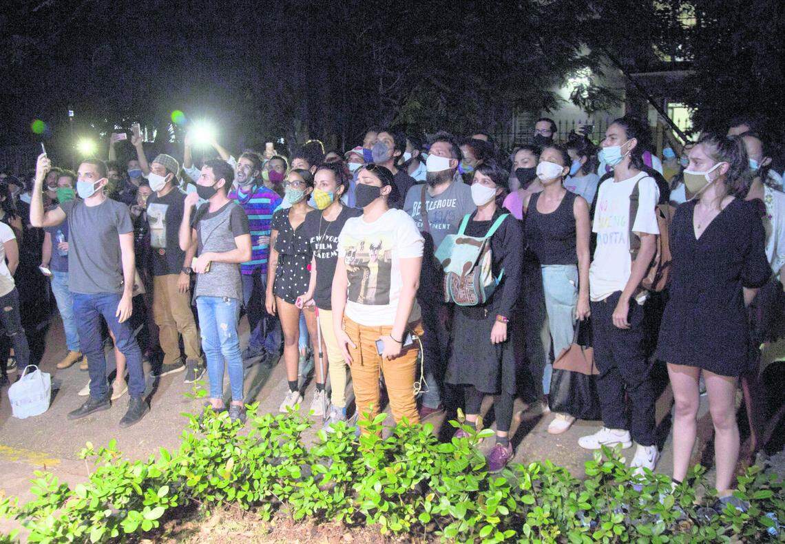 Young artists protest outside the Ministry of Culture, in Havana, Cuba, on Nov. 27, 2020.