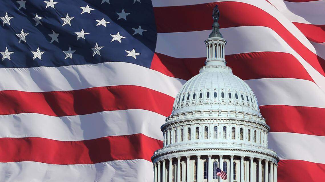 Composite image of US capitol building dome with US flag backdrop.