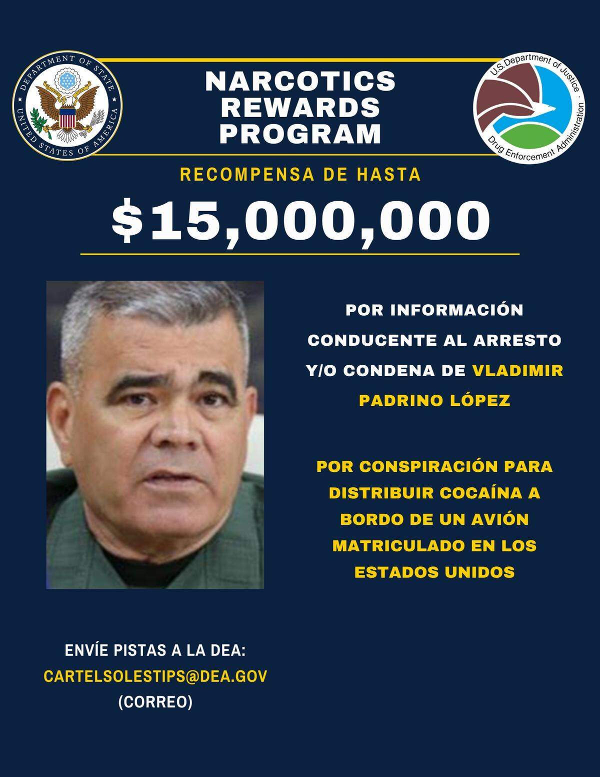 Recompensa ofrecida por el gobierno de Estados Unidos por la captura del ministro de Defensa venezolano, Vladimir Padrino López