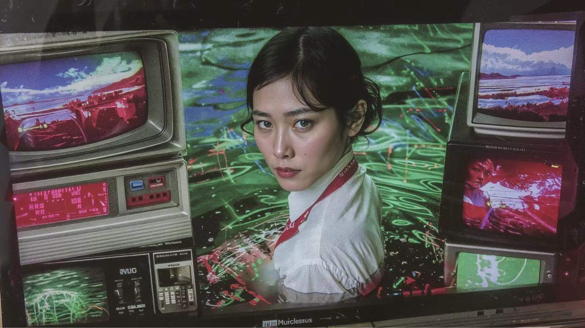  Emi Kusano, “Algo-ritmo de Narciso”, 2025. Captura de video. La pieza reproduce autorretratos de la artista que navegan en un medio electrónico y acuático. Su obra alude al narcisismo que se erige en la sociedad contemporánea. 