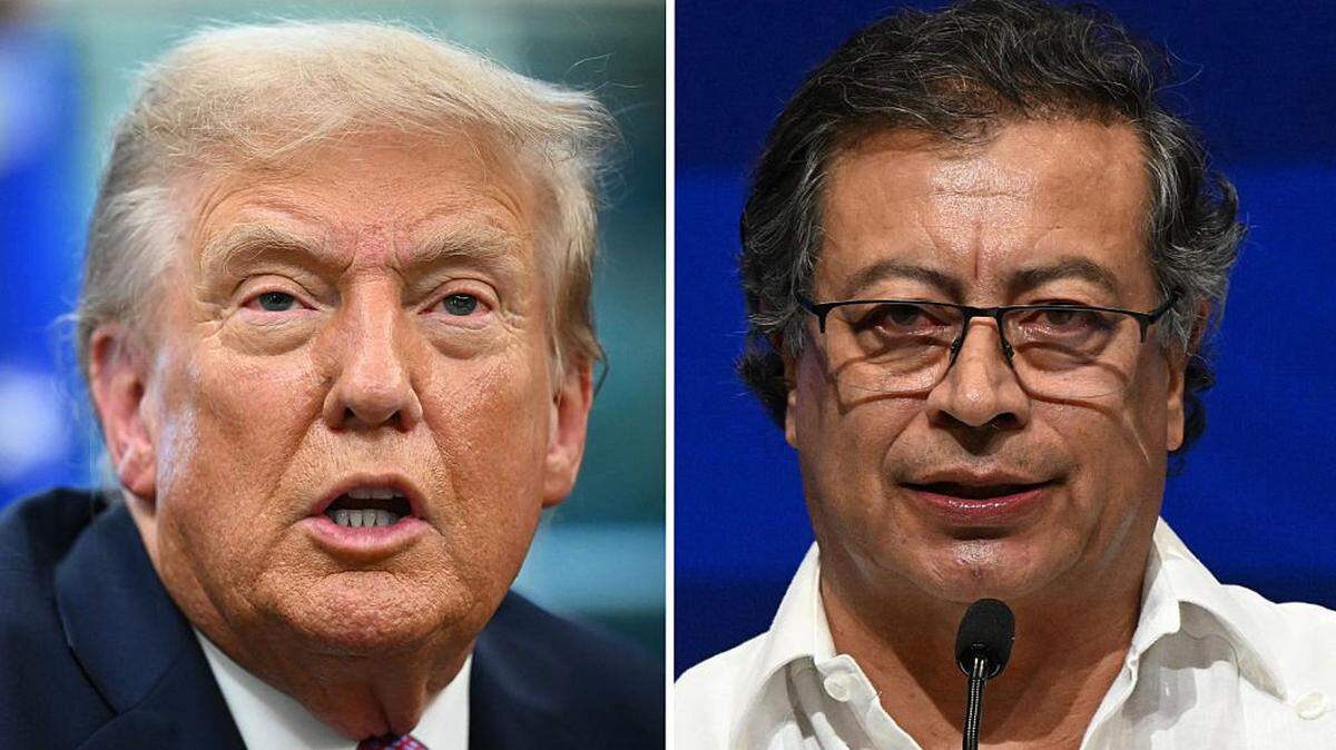 This combination of pictures created on September 15, 2025, shows US President Donald Trump speaking to reporters after signing executive orders in the Oval Office of the White House in Washington, DC on September 5, 2025, and Colombia's President Gustavo Petro during the opening ceremony of the COP16 summit in Cali, Colombia on October 20, 2024. Colombia could lose the certification of its anti-drug campaign from the US this Monday, confirming the diplomatic stalemate between the two governments amid a major US military deployment in the Caribbean. (Photo by JOAQUIN SARMIENTO and Mandel NGAN / AFP) (Photo by JOAQUIN SARMIENTO,MANDEL NGAN/AFP via Getty Images)
