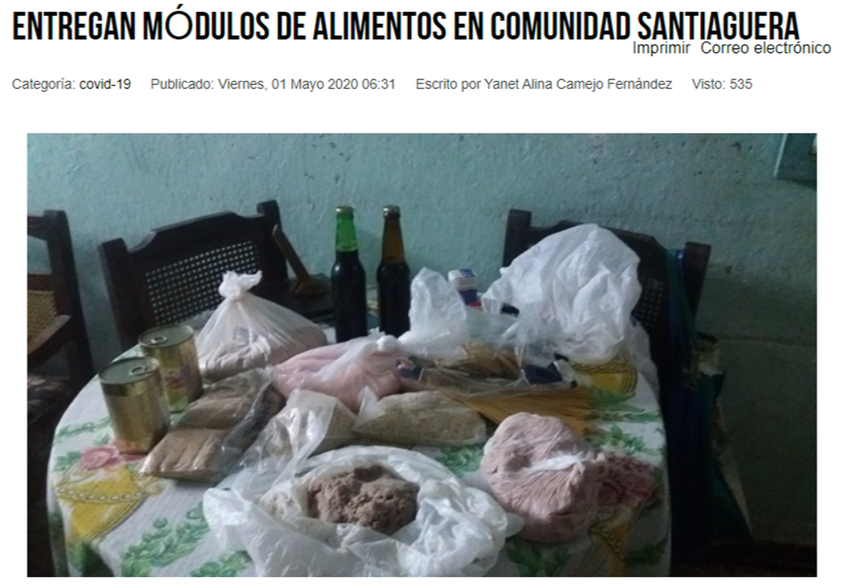 Captura de pantalla de un artículo del periódico Sierra Maestra que muestra una imagen de los “módulos” de comida vendidos por el gobierno a personas mayores y embarazadas en Santiago de Cuba.