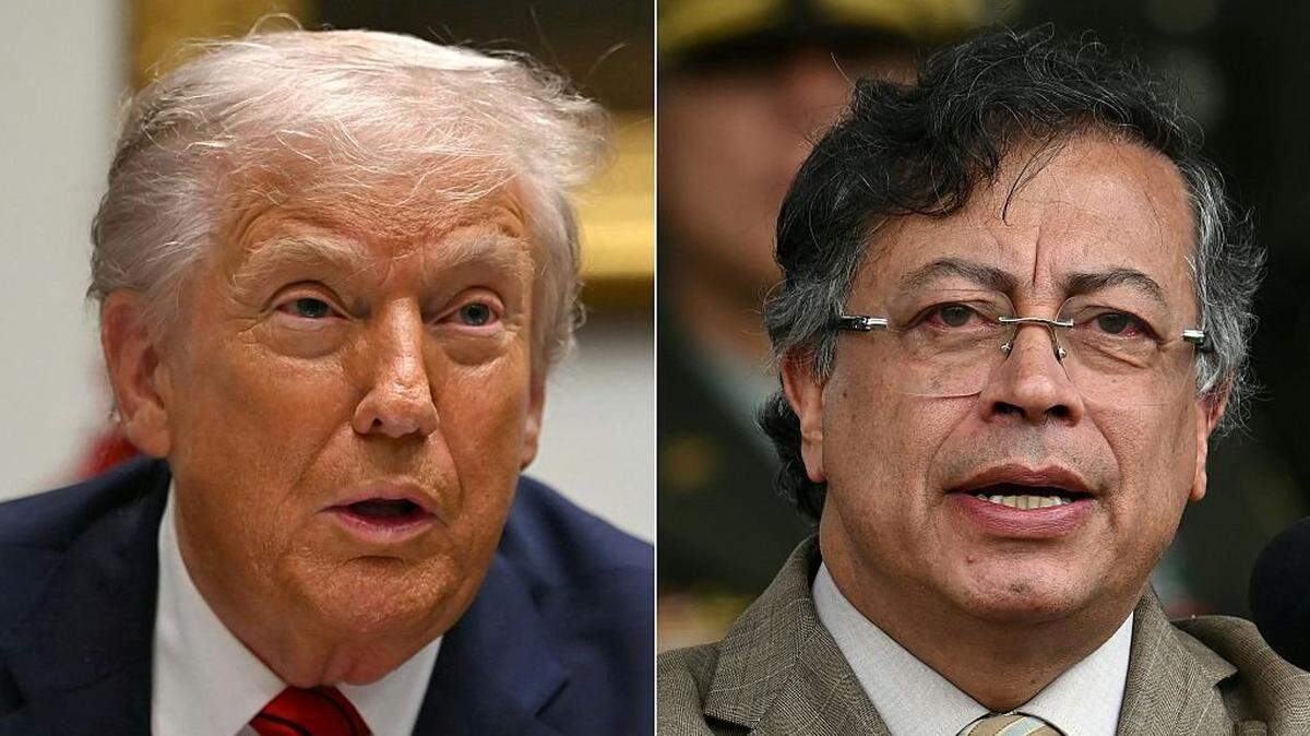(COMBO) This combination of pictures created on December 10, 2025 shows US President Donald Trump (L) speaking during a roundtable discussion in the Roosevelt Room of the White House in Washington, DC, on December 10, 2025, and Colombia's President Gustavo Petro delivering a speech during the commemoration of the 134th anniversary of the National Police and the promotion of officers at the General Santander Police Academy in Bogota on November 13, 2025. US President Donald Trump said on December 10, 2025, that Colombian President Gustavo Petro "is going to get into big trouble if he does not wake up," referring to his counterpart who criticizes Washington's policy in Latin America. (Photo by ANDREW CABALLERO-REYNOLDS and Raul ARBOLEDA / AFP via Getty Images)
