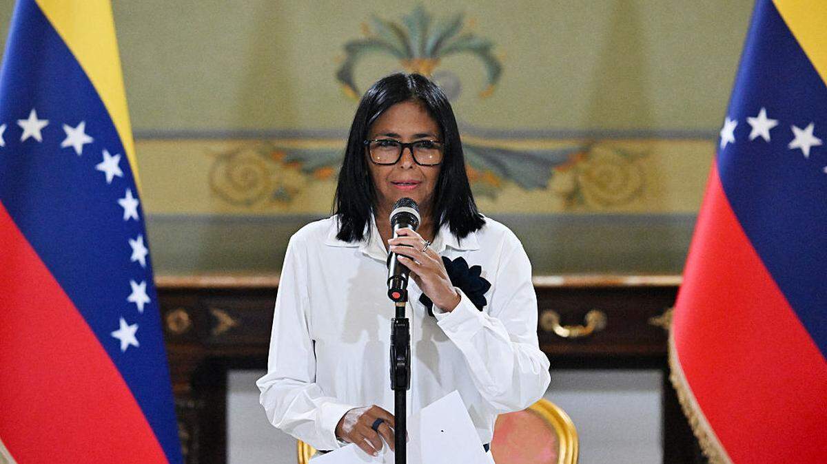 Venezuela’s acting president, Delcy Rodríguez, speaks during a press conference following a signing ceremony for an agreement between Chevron Venezuela and the national government at the Miraflores Palace in Caracas, on Monday, April 13, 2026.