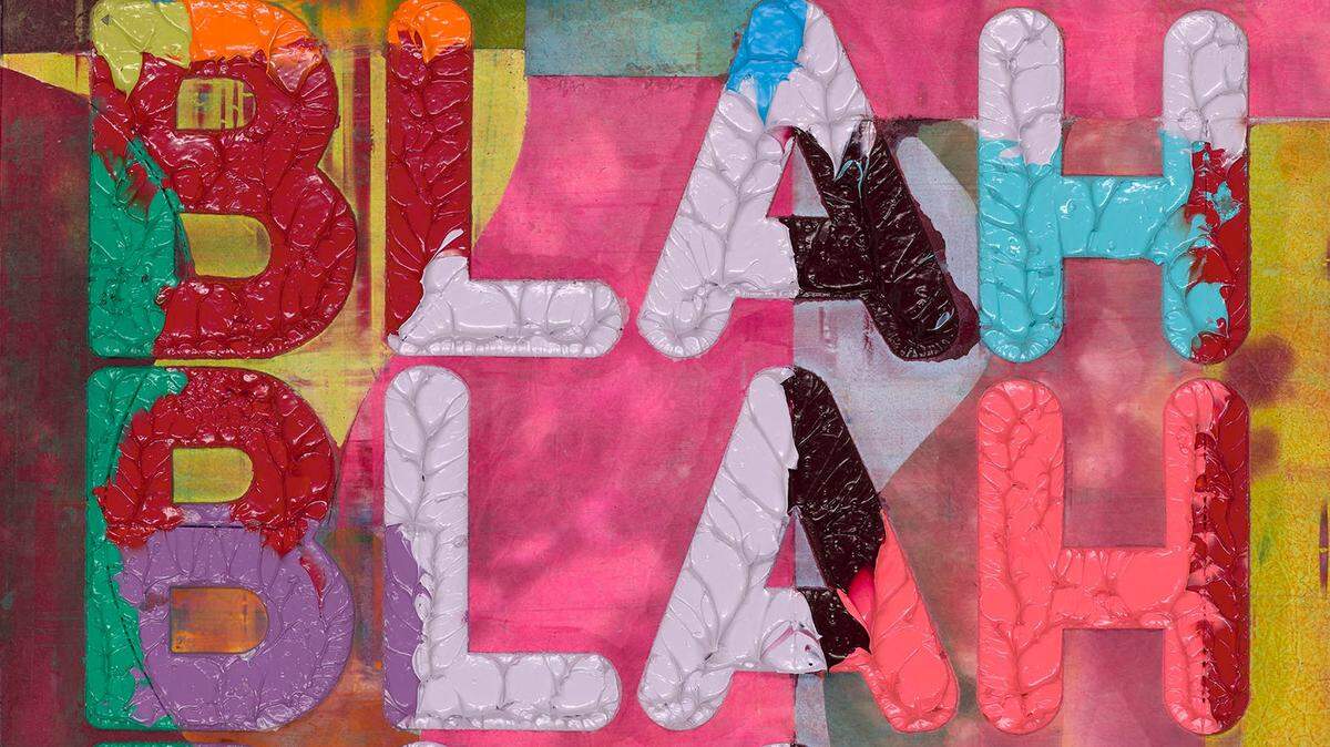 ‘Blah, Blah, Blah’, 2018, de Mel Bochner. Two Palms. Monoimpresión con collage, grabado y repujado en papel Twinrocker pintado a mano, 30.5 x 23.0 pulgadas.