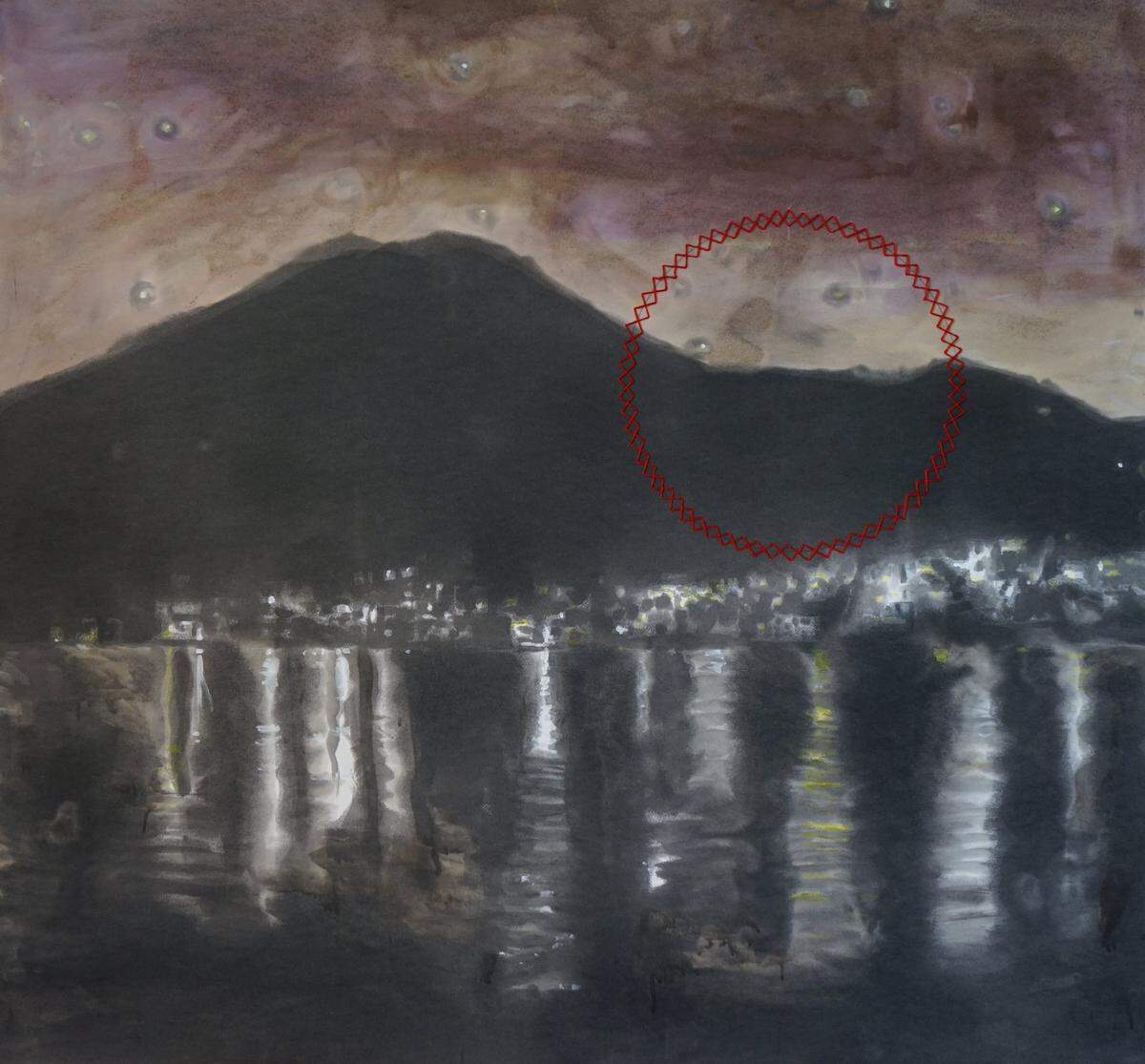 ‘Sin título’. De la serie “K’o q’iij ne t’i’lto’ ja juyu’ t’aq’aaj”, 2023 de Manuel Chavajay. Aceite quemado de motor marino y terrestre, acuarela y bordado sobre papel algodón.