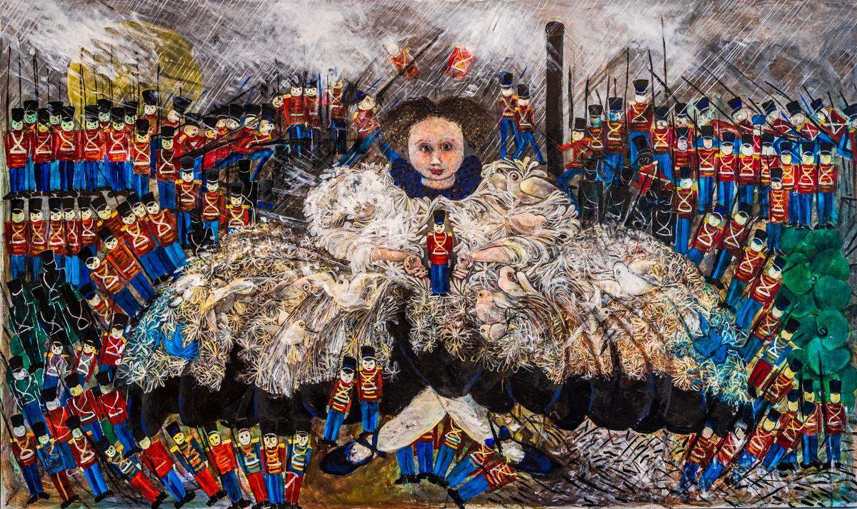 “Toy Soldiers”, 2017, acrílico sobre lienzo, 48 x 81 pulgadas.