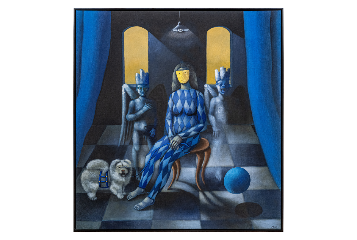 ‘La arlequín con máscara dorada’, 2021, acrílico sobre lienzo, 63 x 59 pulgadas.