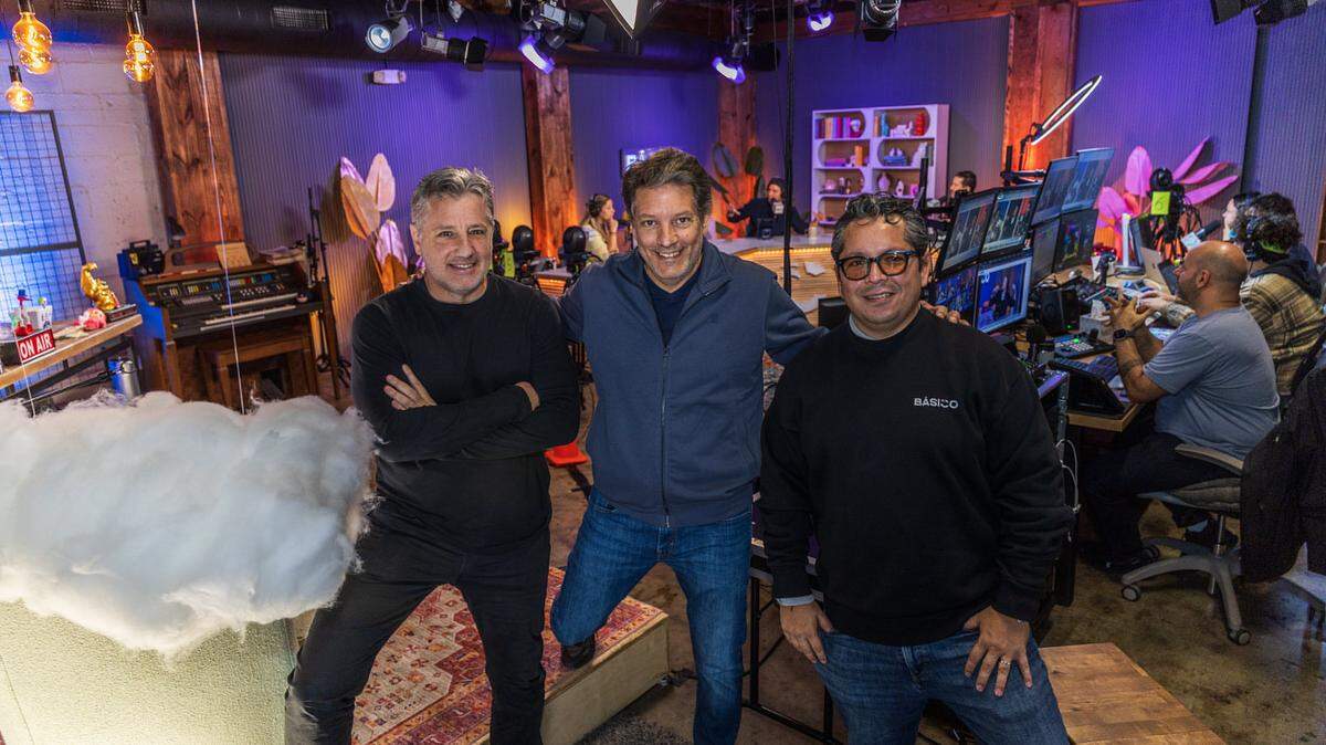 From left- Founders Leo Lavazza, Alejandro Pimentel and Adrian Santucho, pose inside the studio of Básico Stream, the digital channel based in Miami they launched, last April, 100% aimed at the U.S. Hispanic market, on Tuesday November 11, 2025.