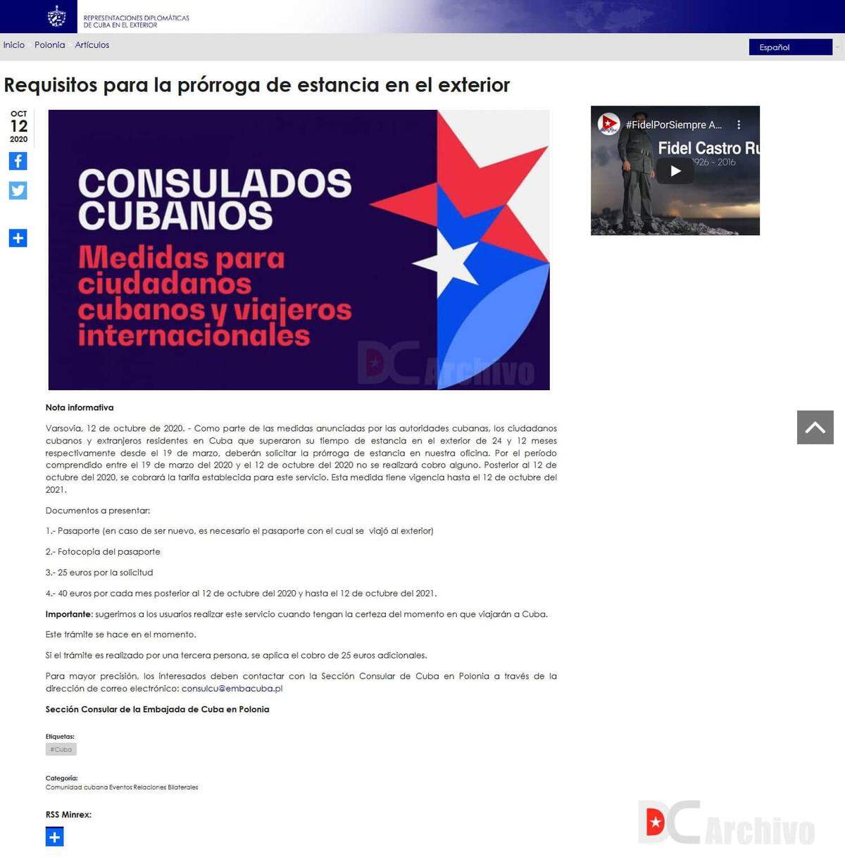 Captura de pantalla a página web del MINREX