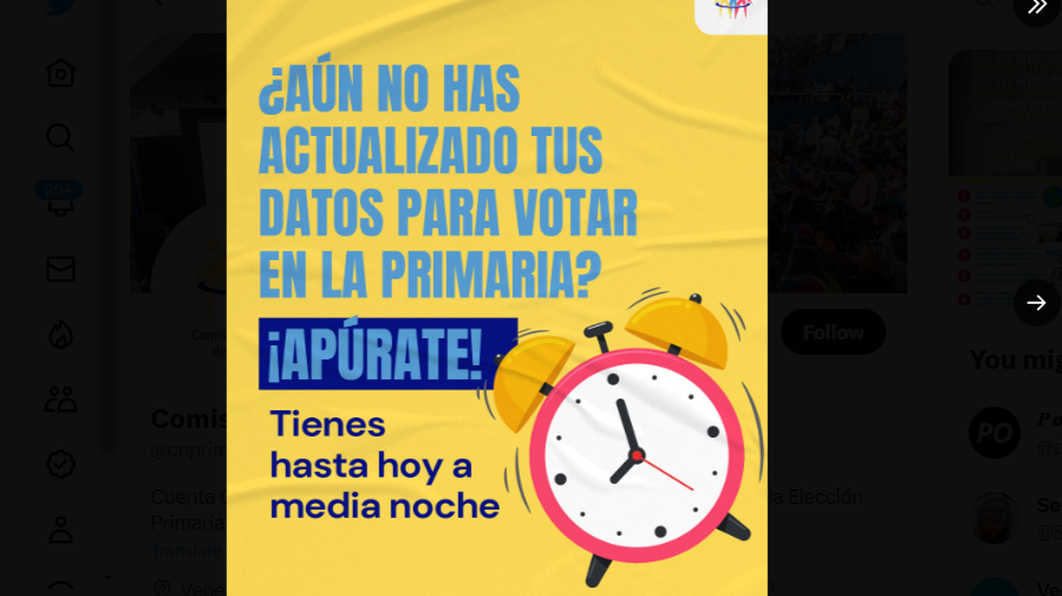 Imagen informativa distribuida por la Comisión Nacional de Primaria VE a través de su cuenta de Twitter, @cnprimariave, para animar a los inmigrantes venezolanos a participar en el proceso electoral.