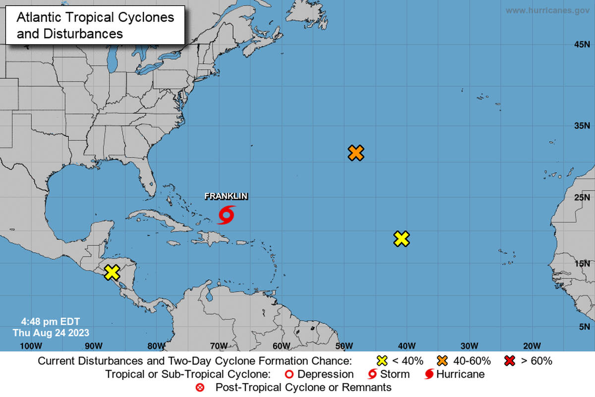 Los vientos máximos sostenidos de la tormenta tropical Franklin aumentaron a 60 mph (95 km/h) el 24 de agosto de 2023. Se pronostica que se convertirá en huracán.
