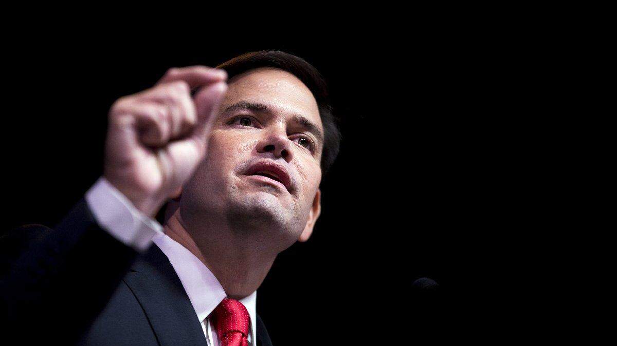 El precandidato presidencial republicano Marco Rubio, senador de Florida, da un discurso durante el evento RedState Gathering, el viernes 7 de agosto, en Atlanta, Georgia. 