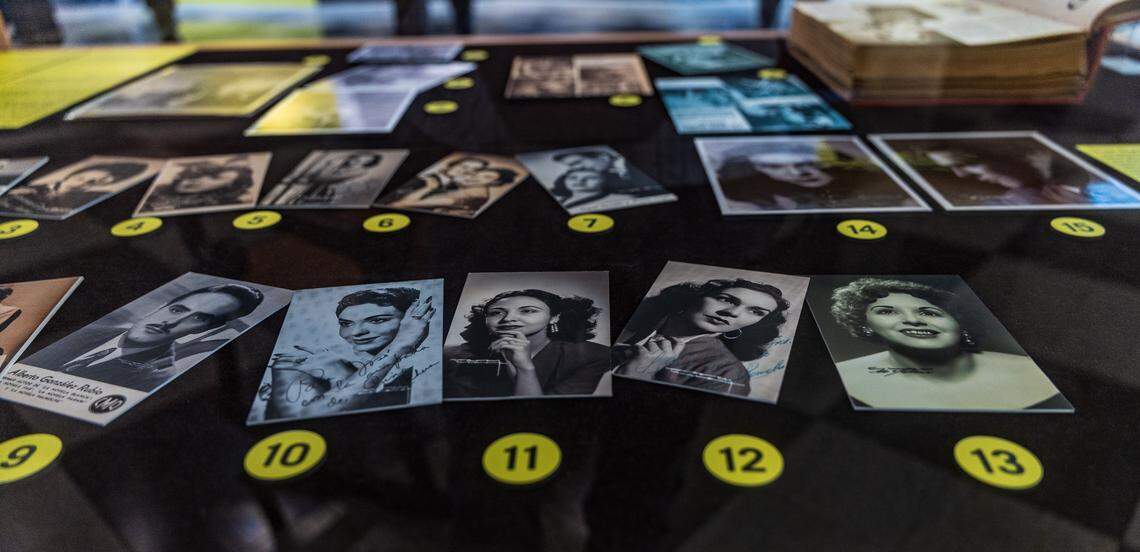 Images of Cuban actors including from left- Alberto Gonzalez, Gina Cabrera, Raquel Revuelta and Eva Vazquez, part of “The Telenovela Archives: Serialized Fiction in Cuba Before the Revolution” exhibit on display at the Cuban Heritage Collection at the Roberto C. Goizueta Pavillion on the University of Miami's Otto G. Richter Library, on Wednesday October 29, 2025.