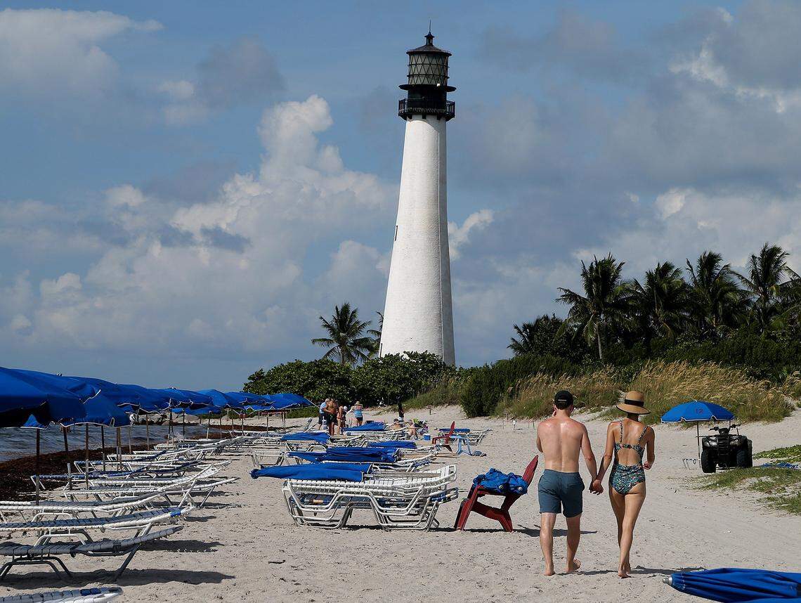 The lighthouse at Bill Baggs Cape Florida State Park is closed as authorities seek to reduce interactions due to the coronavirus, but the beach remains open to the public.