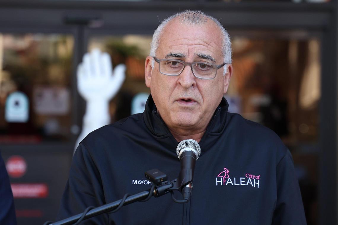 Hialeah Mayor Esteban Bovo, left, speaks at the press conference outside City Hall before the newly formed Affordable Housing Task Force inside City Hall on Monday, January 29, 2024 in Hialeah, Florida.