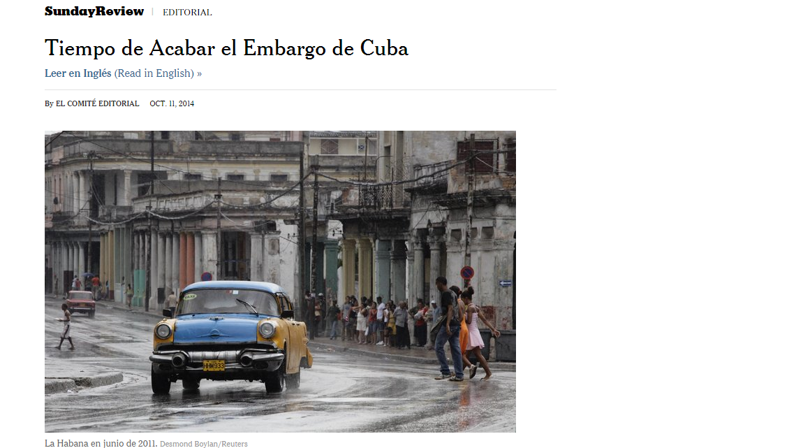 Captura del titular publicado en inglés y en español por el periódico New York Times sobre el embargo a Cuba. 