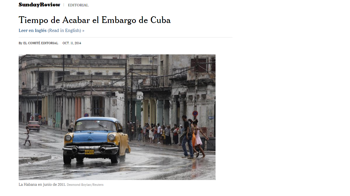 Captura del titular publicado en inglés y en español por el periódico New York Times sobre el embargo a Cuba. 