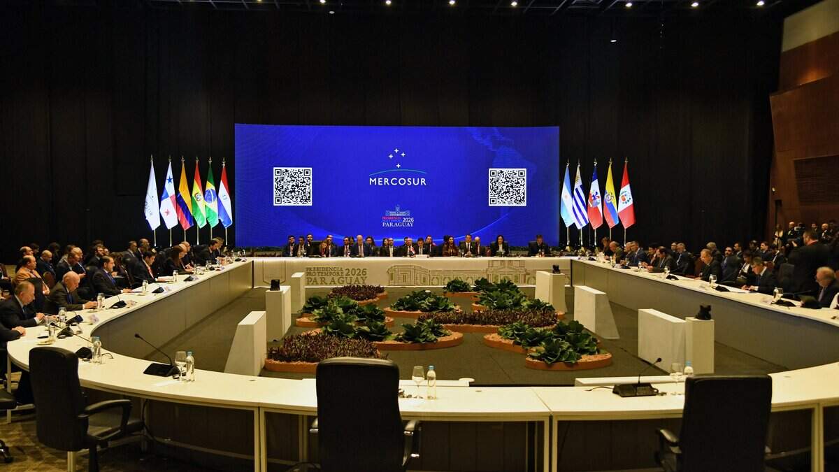 View of the plenary session of the 68th Mercosur Foreign Ministers summit at the Conmebol headquarters, in Luque, Paraguay on June 29, 2026. (Photo by DANIEL DUARTE / AFP via Getty Images)