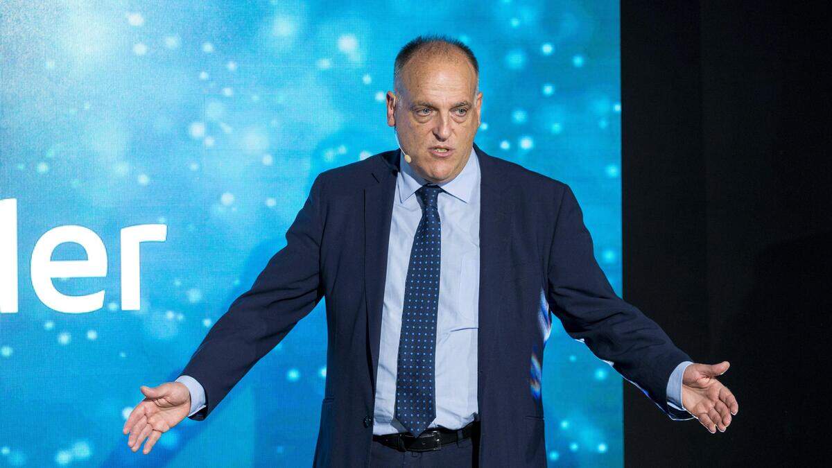 El presidente de LaLiga, Javier Tebas, durante la presentación de LaLiga Ambassadors, el equipo de jugadores históricos cuyo objetivo es representar a la competición española por el mundo, el 16 de octubre de 2018.