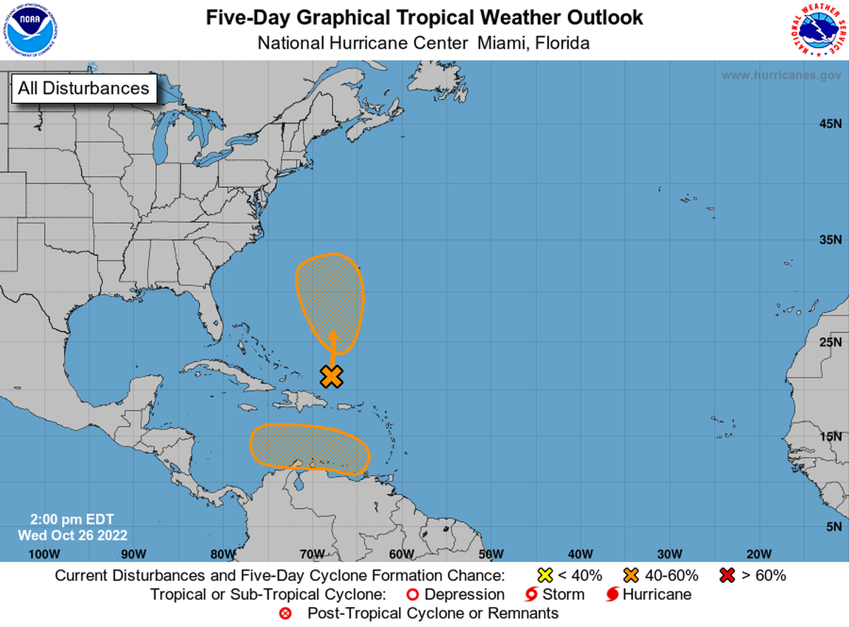 El Centro Nacional de Huracanes (NHC) informó que podría formarse una depresión subtropical en el Atlántico y una depresión tropical en el Caribe.