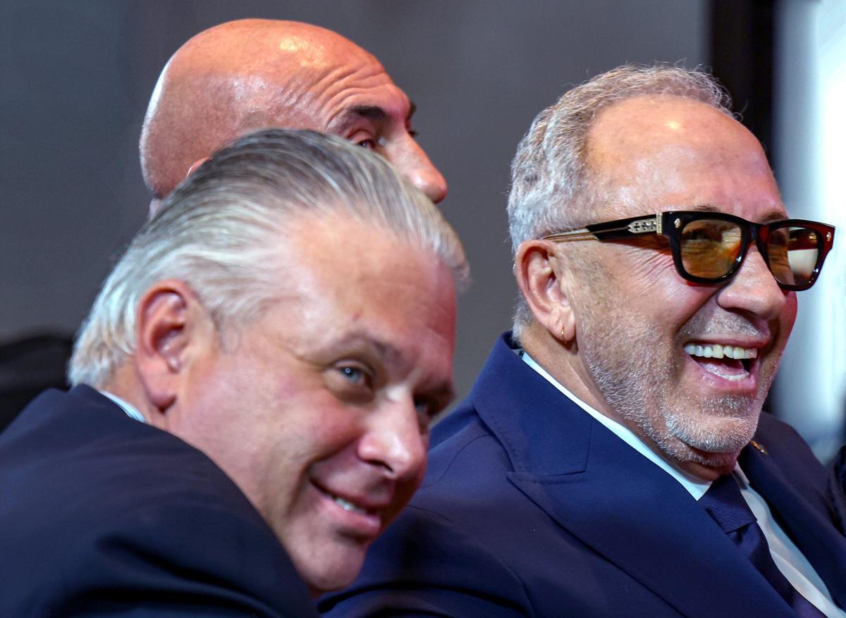 Music mogul Emilio Estefan, right, smiles as Manuel Abud, CEO of the Latin Recording Academy, announced the Latin Grammy coming to Miami in November, 2024 during a press conference at the Kaseya Center in Miami, Florida on Wednesday, April 17, 2024.