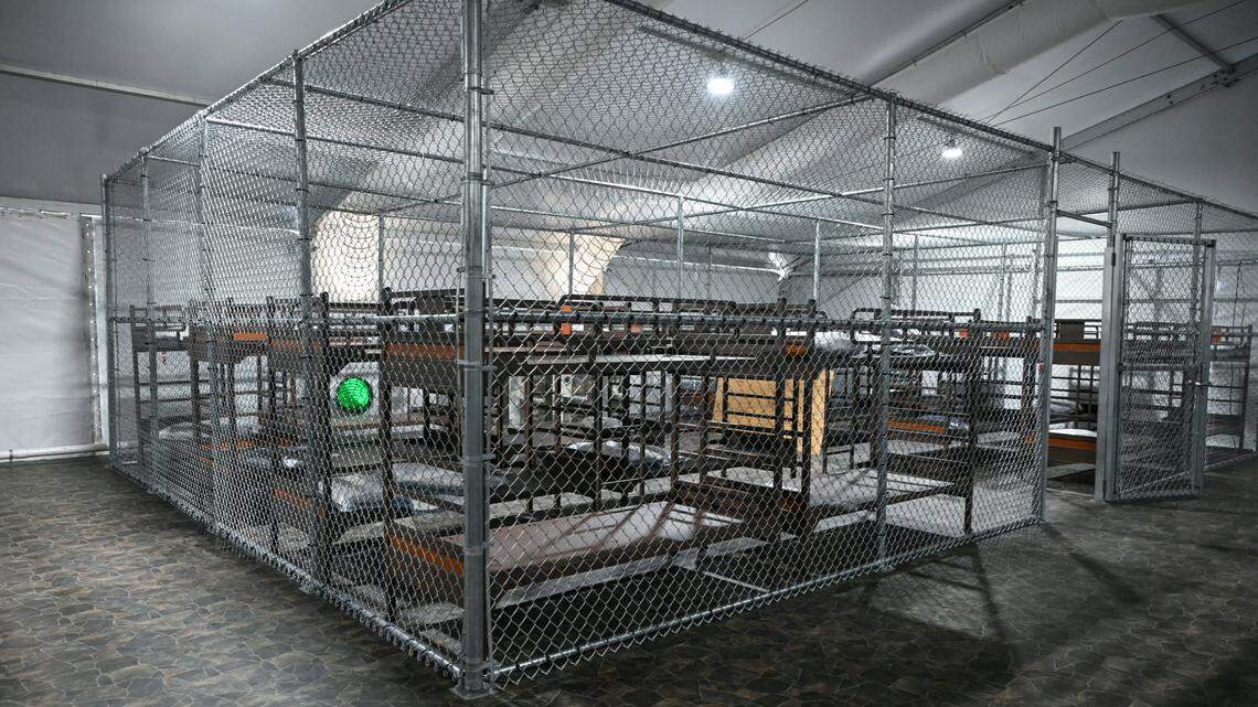 Beds inside the migrant detention center, called “Alligator Alcatraz,” located on the site of the Dade-Collier Training and Transition Airport.