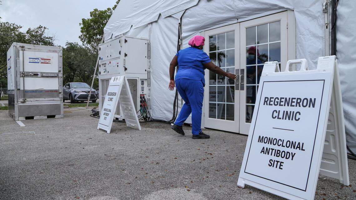 A woman enters a Regeneron treatment site at C.B. Smith Park in Pembroke Pines last August.