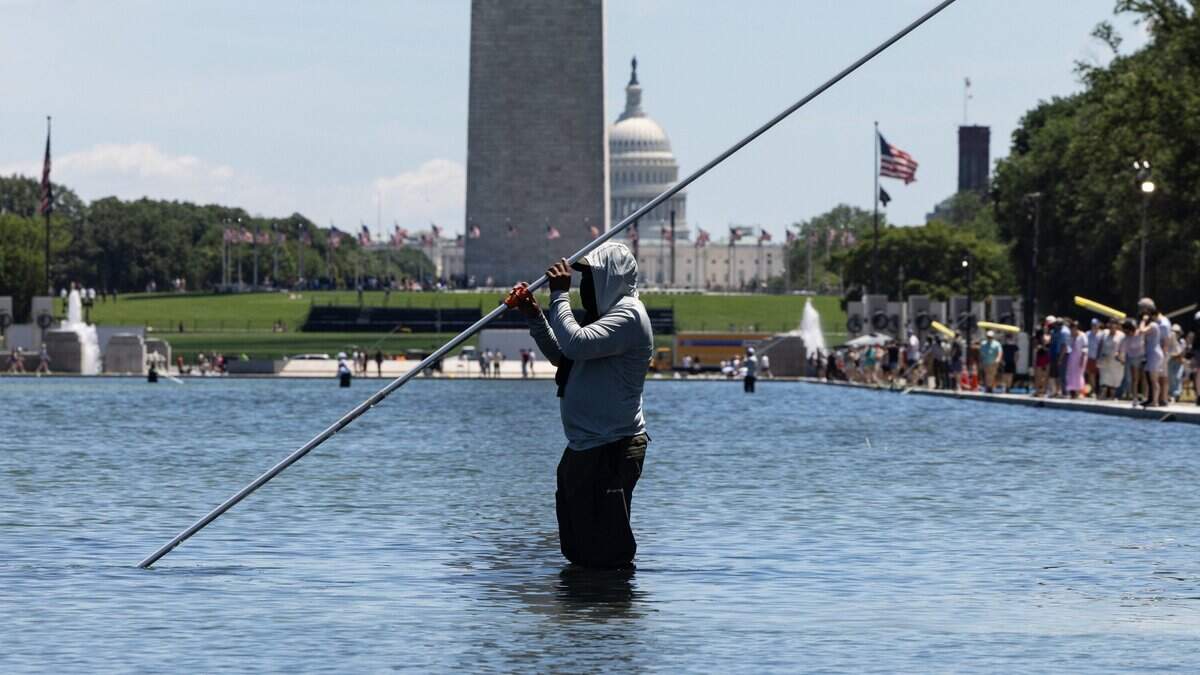 Un trabajador del Servicio de Parques Nacionales utiliza una aspiradora para retirar algas del fondo del Estanque Reflectante del Monumento a Lincoln el 20 de junio de 2026 en Washington, DC.