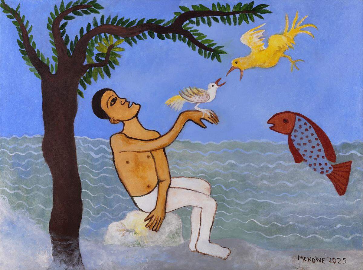 'Sentado a la orilla del río', 2025, acrílico sobre lienzo, 30 x 40 pulgadas.