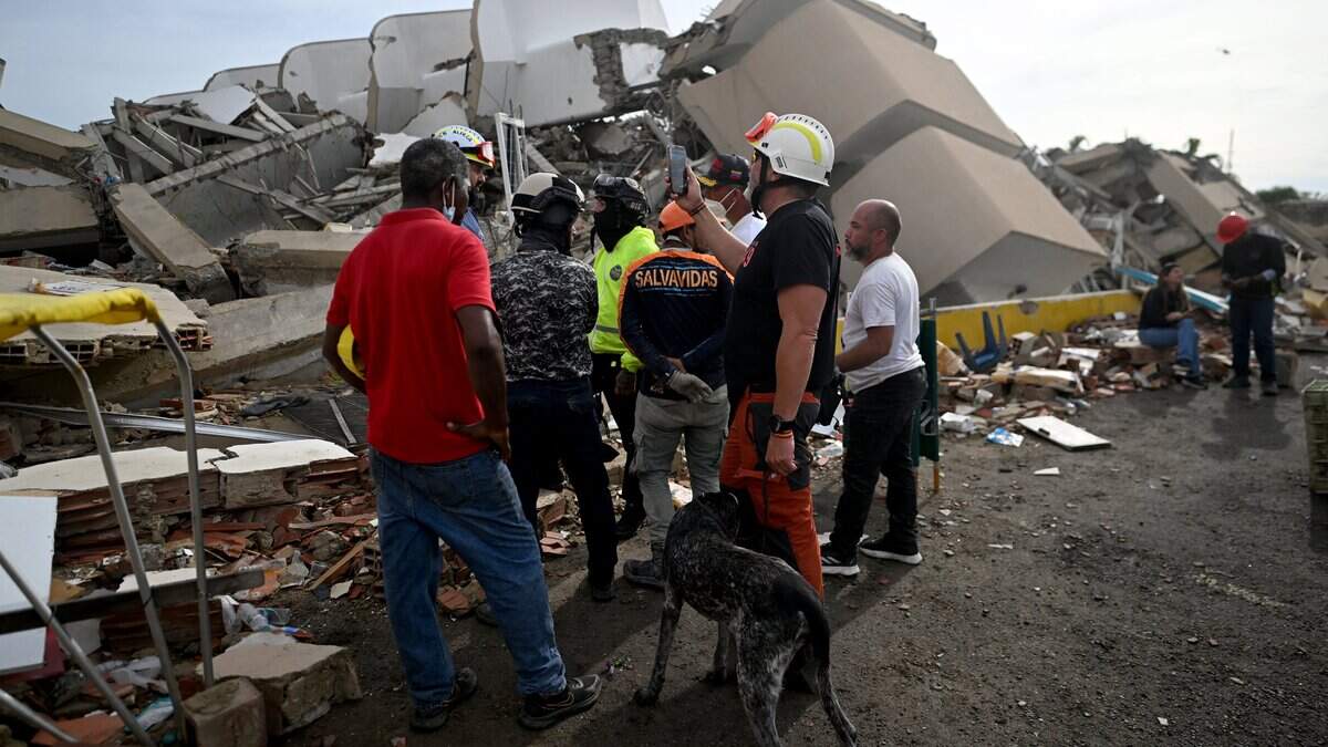 A Spanish rescuer with a search dog stands among emergency workers inspecting the rubble of a collapsed building in Caraballeda, La Guaira, Venezuela, on July 3, 2026. The death toll from Venezuela's twin earthquakes has risen to 2,595, Interim President Delcy Rodriguez said on July 2. (Photo by Juan BARRETO / AFP via Getty Images)