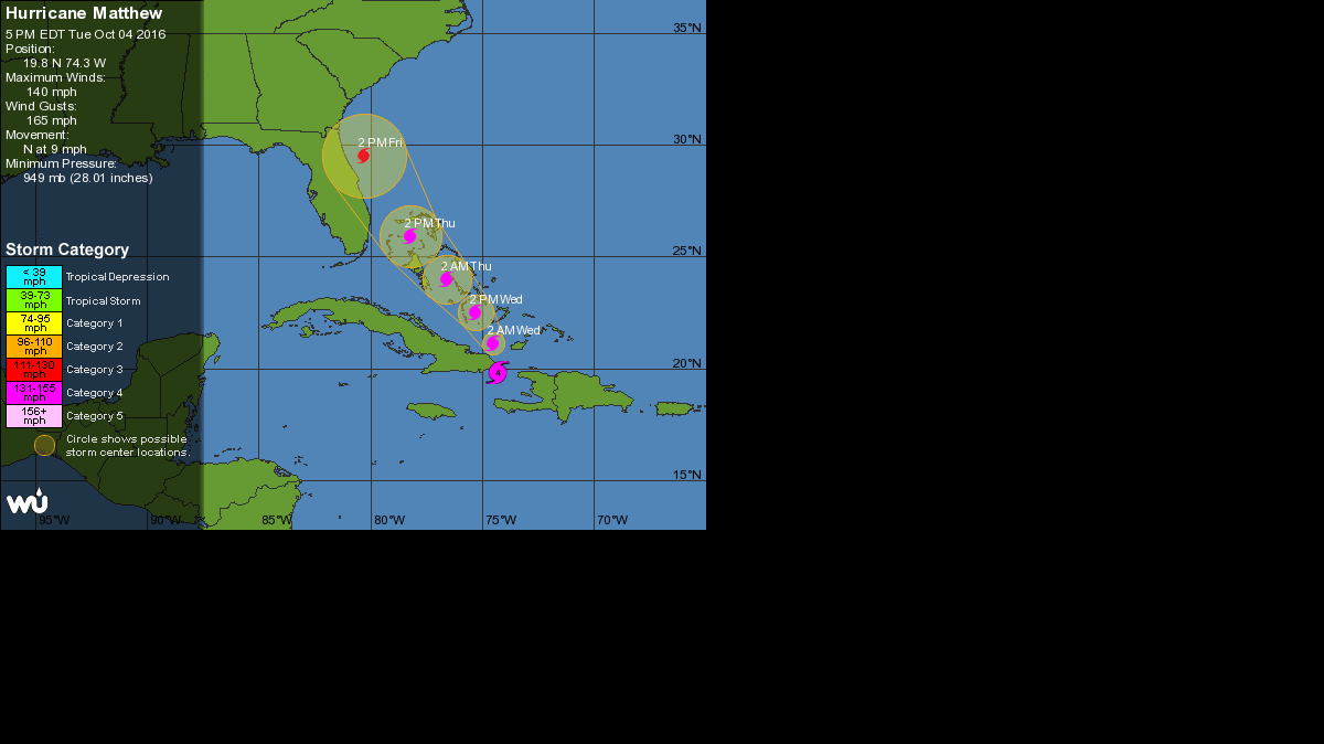 Emiten vigilancia de tormenta tropical en Miami Dade y Broward reporte de las 5:00pm del 4 de octubre de 2016. Reporte del Centro Nacional de Huracanes.
