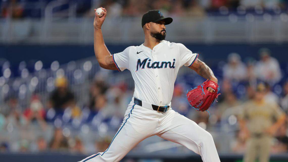 Jul 23, 2025; Miami, Florida, USA; Miami Marlins starting pitcher Sandy Alcantara (22) delivers a pitch against the San Diego Padres during the first inning at loanDepot Park. Mandatory Credit: Sam Navarro-Imagn Images