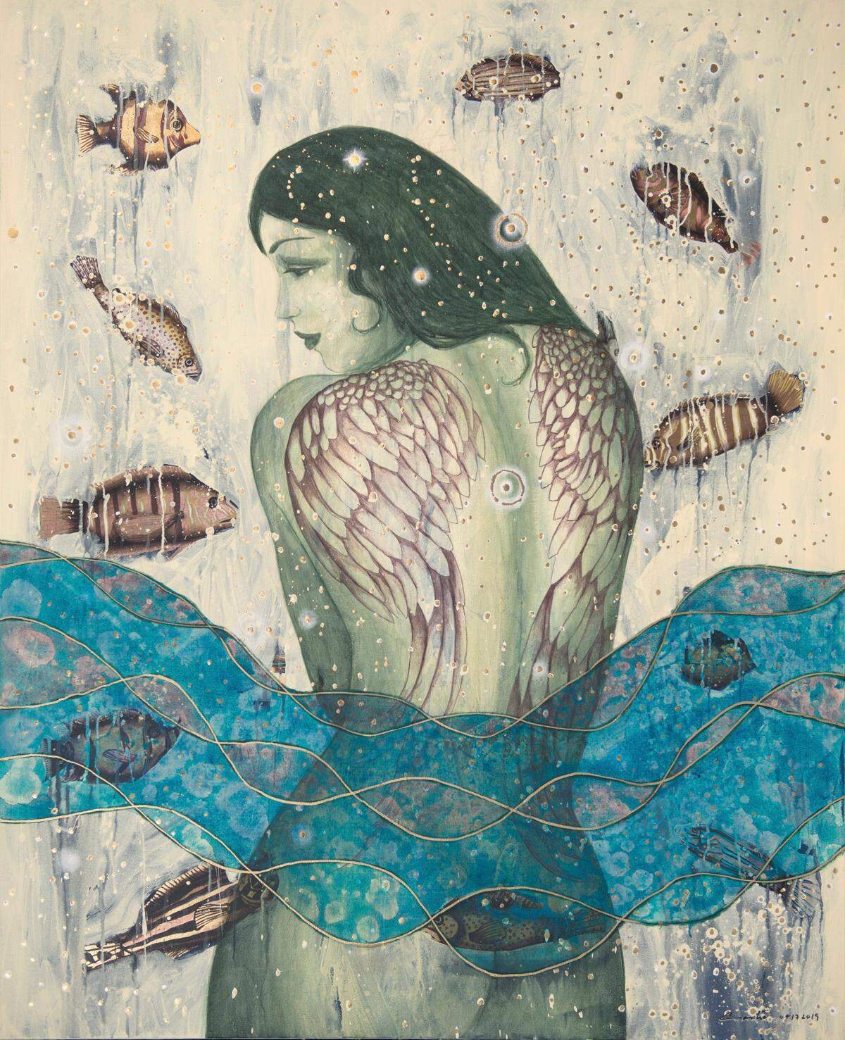 ‘Wings’, 2019, acrílico sobre lienzo, 44 x 54, pulgadas.