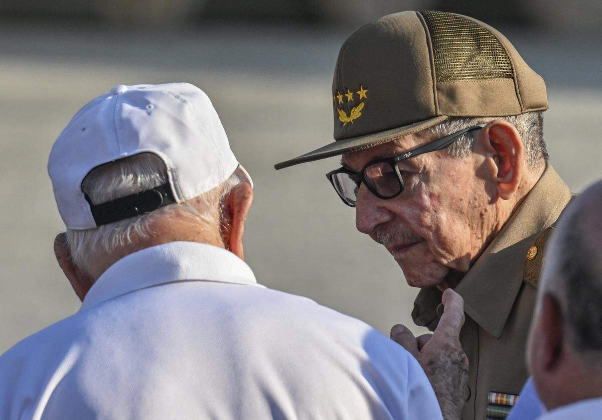Cuba's former President Raul Castro (R) and former Vice-President Jose Ramon Machado Ventura attend a May Day rally marking International Workers' Day in Havana on May 1, 2026. (Photo by YAMIL LAGE / AFP via Getty Images)