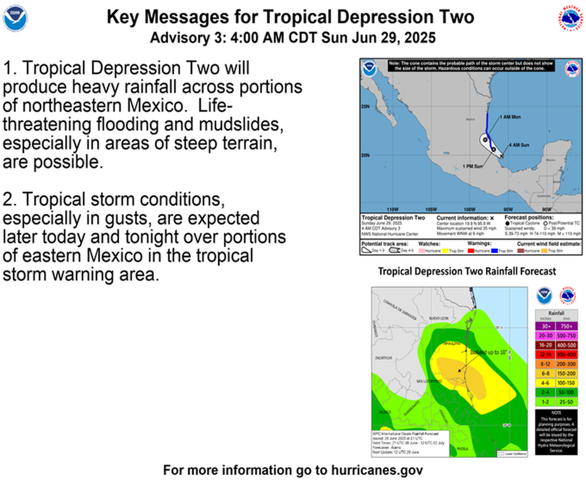 La segunda depresión tropical de la temporada de huracanes en el Atlántico está arrojando lluvias intensas en el este de México.