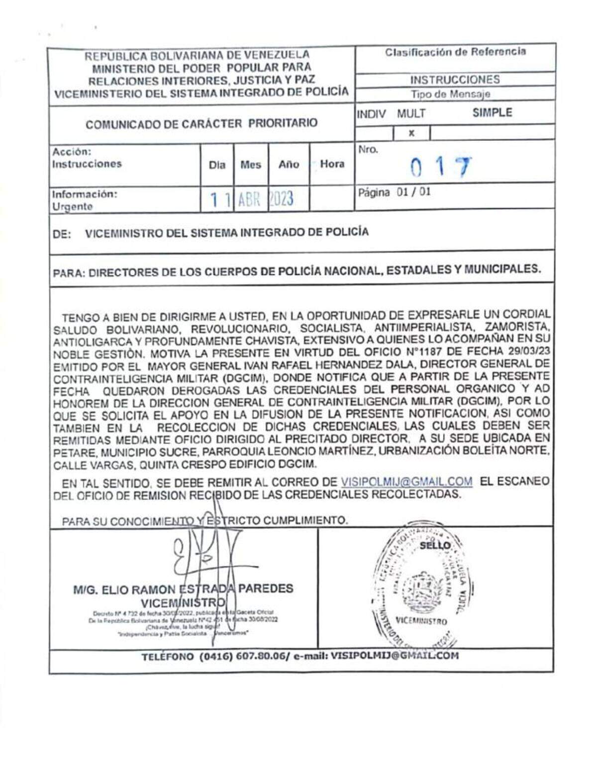 Orden emitida por la Dirección General de Contrainteligencia Militar (DGCIM) ordenando el retiro de las credenciales otorgadas a personas que disfrutaban de protección especial del régimen.