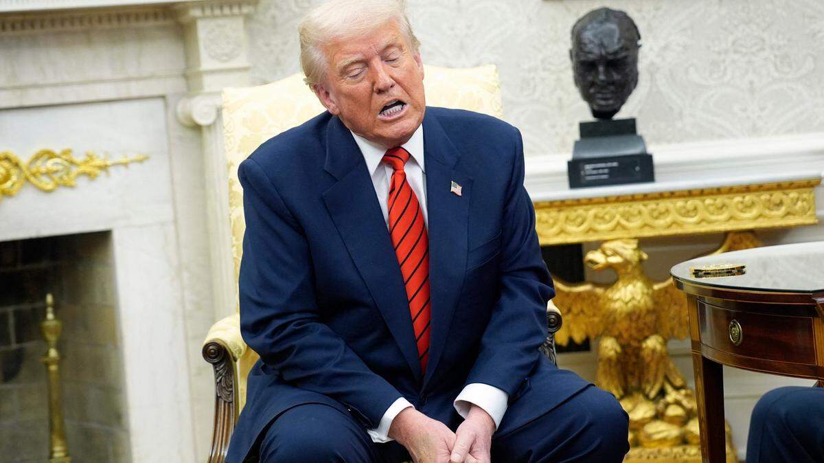 US President Donald Trump reacts during his meeting with NATO Secretary General Mark Rutte in the Oval Office of the White House in Washington on March 13, 2025. Photo by Yuri Gripas/Abaca/Sipa USA