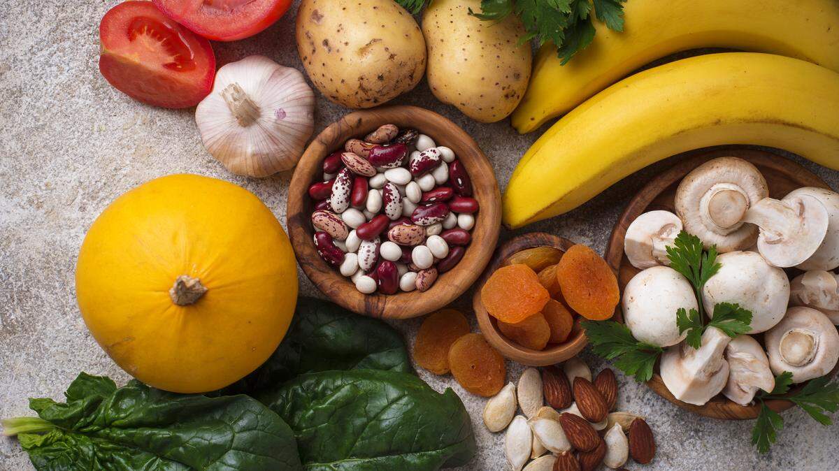 Products containing potassium. Healthy food concept. Top view
