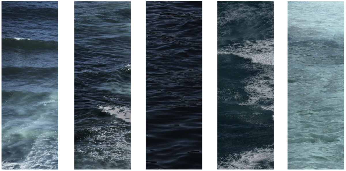 “Coming Out, Browsing, More Water, Dawn, Arriving”, 2019, de Mari Carmen Orizondo. Impreso en papel Archival Fine Art de arroz,  24 x 72 pulgadas.