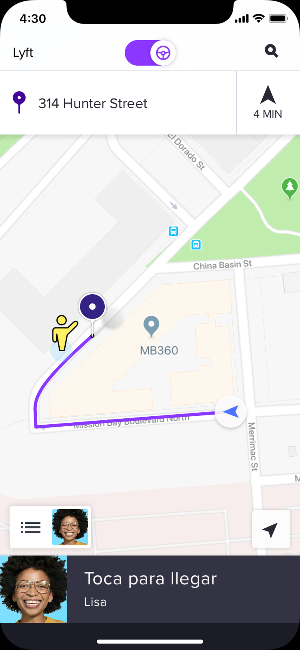 Captura de pantalla de la aplicación de Lyft utilizada por un chofer profesional.