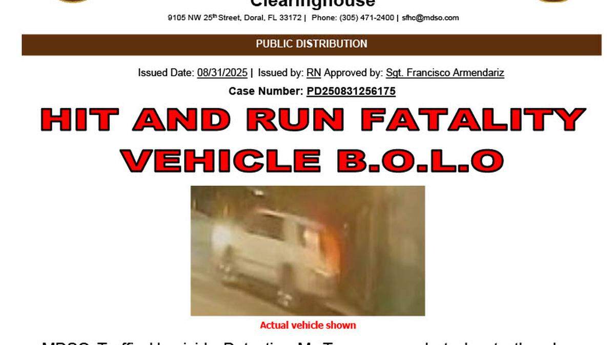 El Departamento de Policía del Condado Miami-Dade busca un Cadillac Escalade de cuatro puertas, color blanco, con posibles daños en la parte delantera.