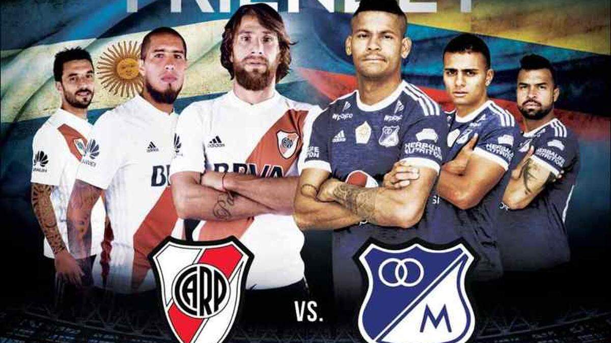 Cartel con el anuncio del partido amistoso de este viernes 13 de julio entre River Plate y Millonarios en el estadio de FAU.